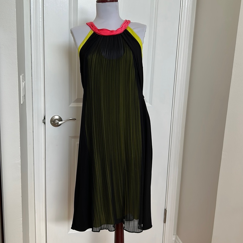 Tahari black pleated sleeveless dress